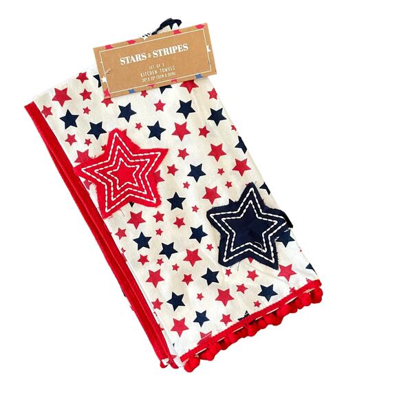 STARS & STRIPES Set of 3 USA Pom Pom 100% Cotton Kitchen Tea Towels 20x28 NEW - Picture 2 of 12